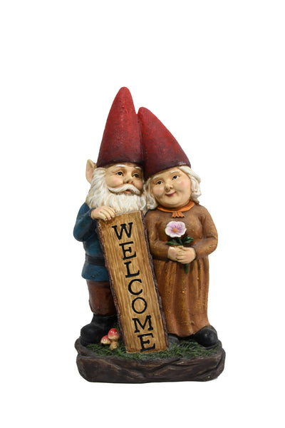 75575-B - Robert & Sofia Standing Gnome Couple with Welcome Sign Hi-Line Gift Ltd.