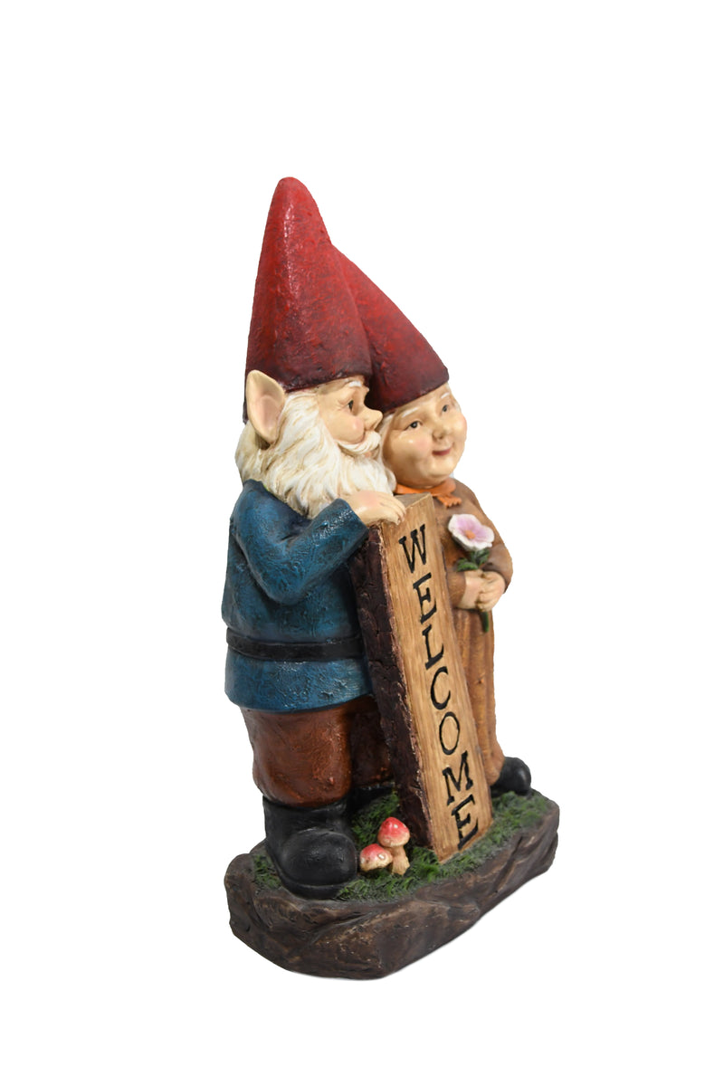 75575-B - Robert & Sofia Standing Gnome Couple with Welcome Sign Hi-Line Gift Ltd.