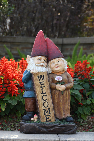 75575-B - Robert & Sofia Standing Gnome Couple with Welcome Sign Hi-Line Gift Ltd.