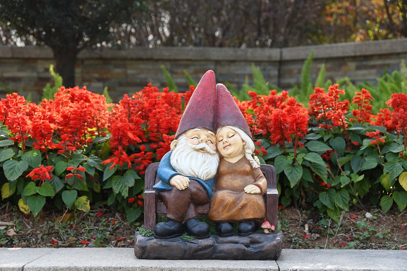 75575-C - Whimsical Serenity: Robert & Sofia Gnome Couple on Bench, Eyes Closed in Love Hi-Line Gift Ltd.