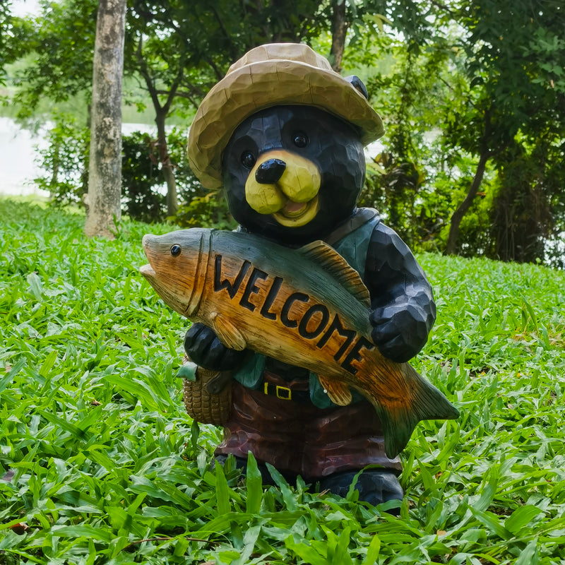 75619-O - Bear with Fish Welcome Sign for Garden or Home Hi-Line Gift Ltd.