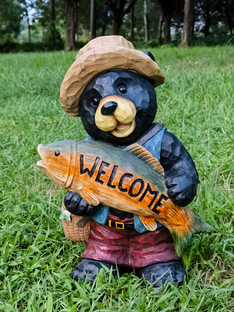 75619-O - Bear with Fish Welcome Sign for Garden or Home Hi-Line Gift Ltd.