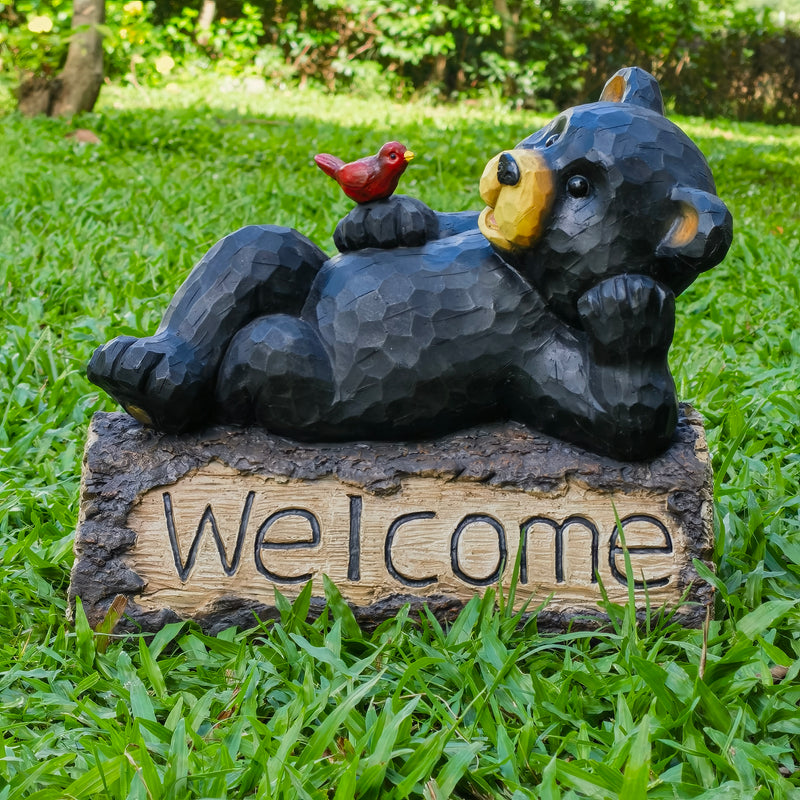 75619-R - Bear with Cardinal Garden Welcome Sign Hi-Line Gift Ltd.