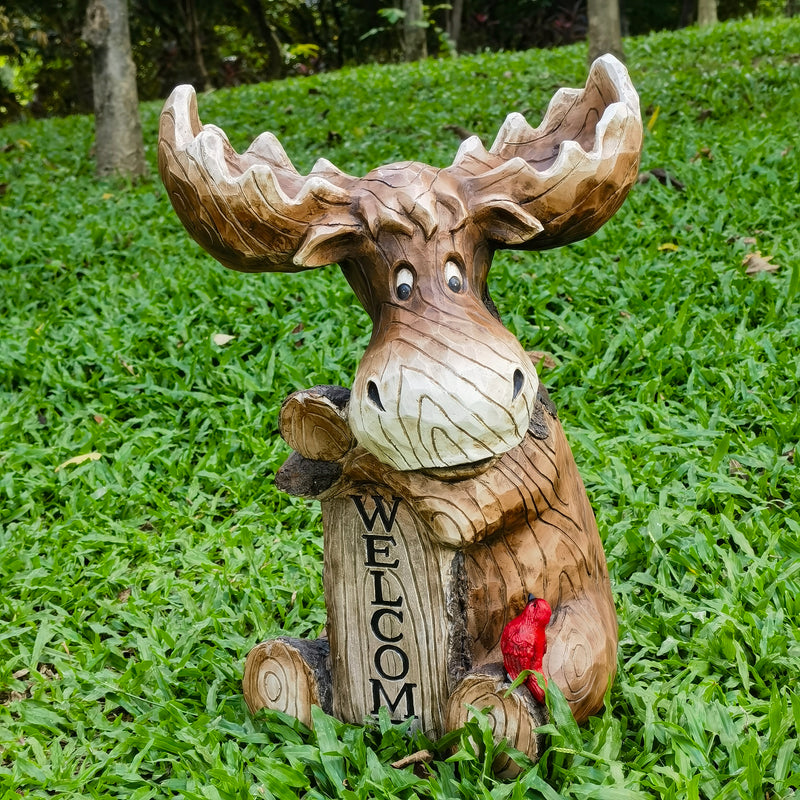 75624-B - Moose with Cardinal Garden Welcome Sign Hi-Line Gift Ltd.