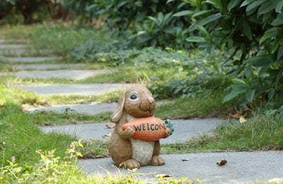 Rabbit With Welcome Sign Carrot Statue HI-LINE GIFT LTD.