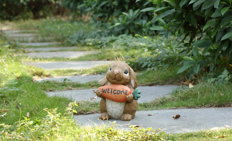 Rabbit With Welcome Sign Carrot Statue HI-LINE GIFT LTD.