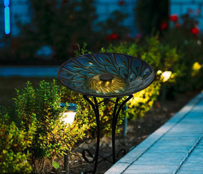 Solar Glass Peacock Feathers Bird Bath With Stand HI-LINE GIFT LTD.