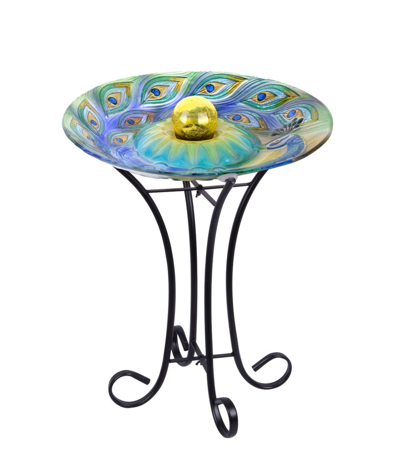 Solar Orb Peacock Glass Bird Bath With Stand HI-LINE GIFT LTD.