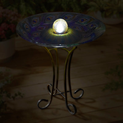 Solar Orb Peacock Glass Bird Bath With Stand HI-LINE GIFT LTD.