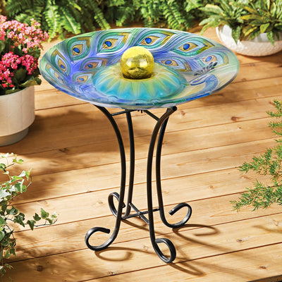 Solar Orb Peacock Glass Bird Bath With Stand HI-LINE GIFT LTD.