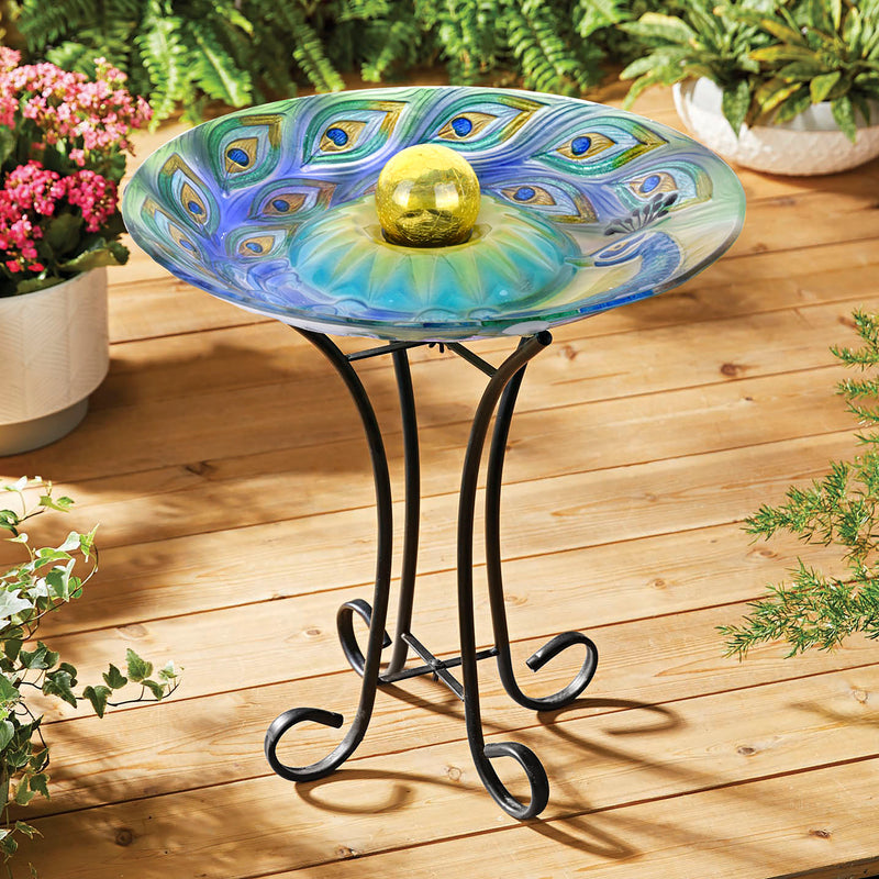 Solar Orb Peacock Glass Bird Bath With Stand HI-LINE GIFT LTD.