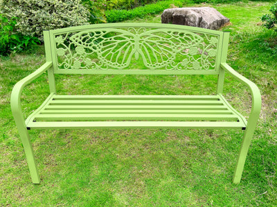 78662-D-GN - 50" Outdoor Metal Garden Bench with Butterfly Backrest Design - Green Hi-Line Gift Ltd.