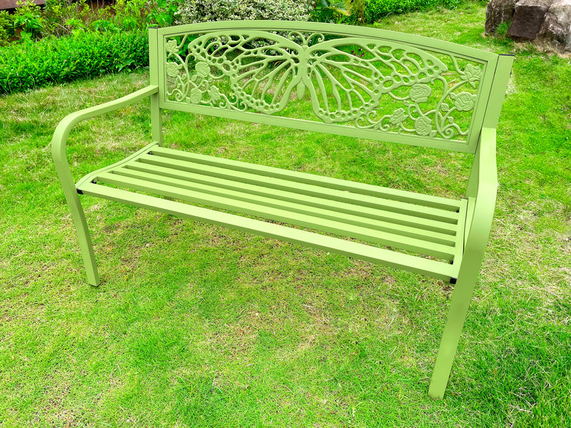 78662-D-GN - 50" Outdoor Metal Garden Bench with Butterfly Backrest Design - Green Hi-Line Gift Ltd.