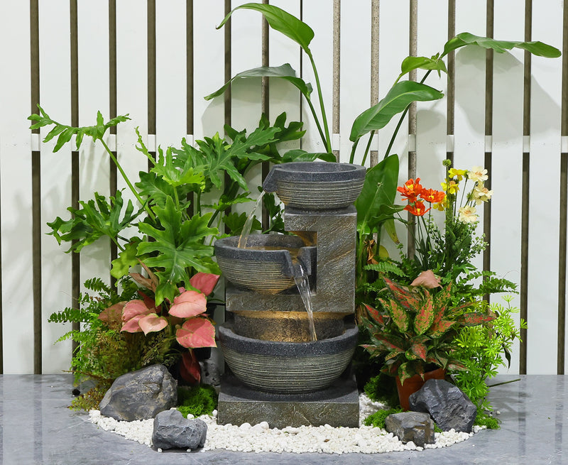 79061-BR - Cascading Bowl Fountain with Dual Warm White LEDs - Grey HI-LINE GIFT LTD.