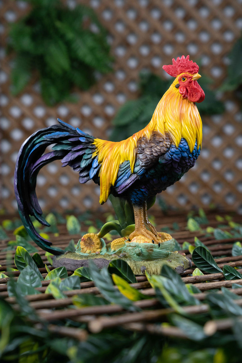 Coloured Rooster Standing On Corn Statue HI-LINE GIFT LTD.