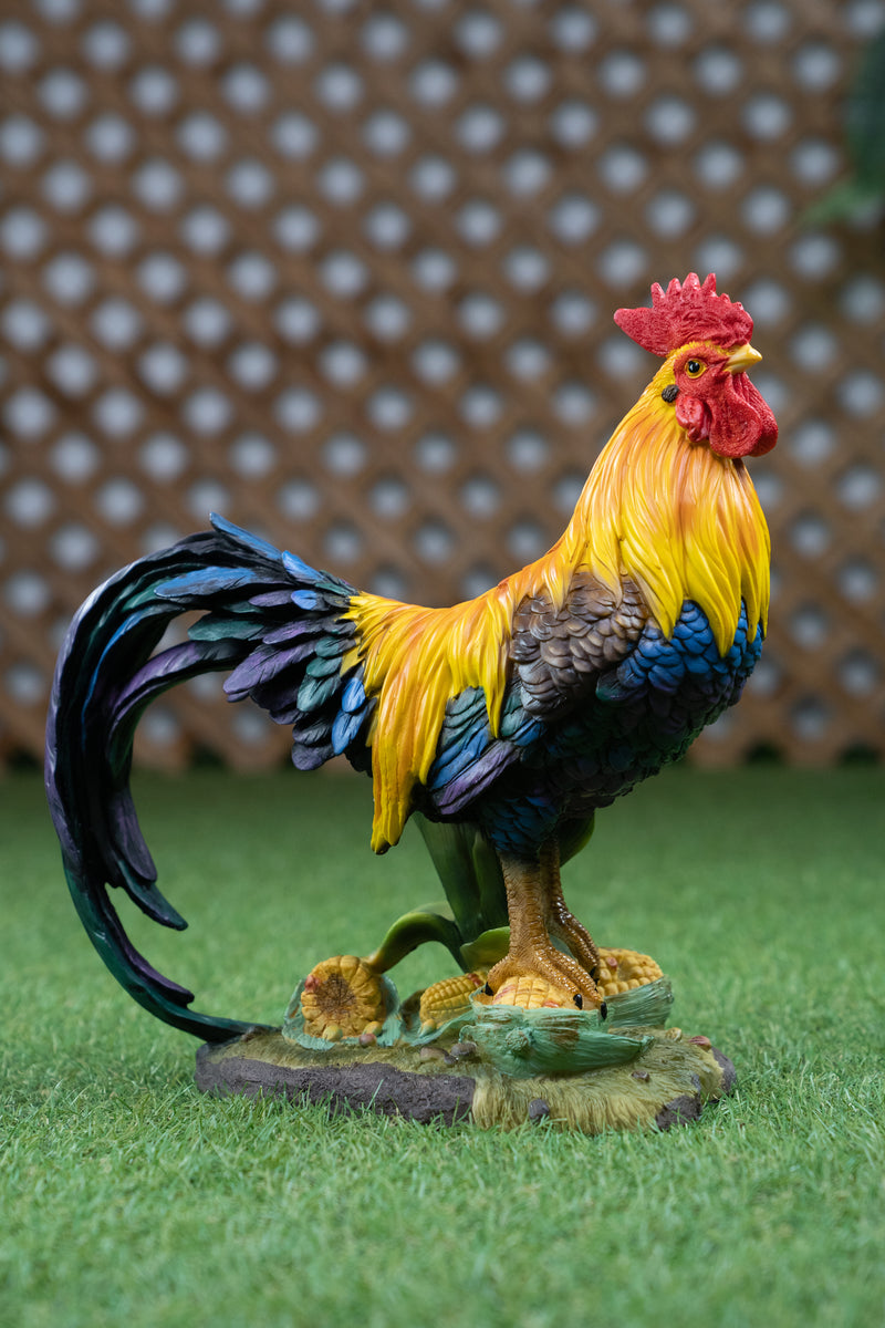 Coloured Rooster Standing On Corn Statue HI-LINE GIFT LTD.