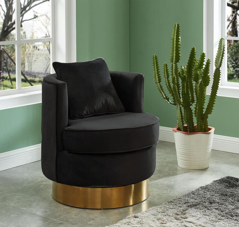 Black Velvet Barrel Chair With  Gold Base & Pillow HI-LINE GIFT LTD.