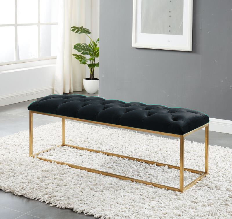 Button Tufted Velvet Bench With Golden Base HI-LINE GIFT LTD.