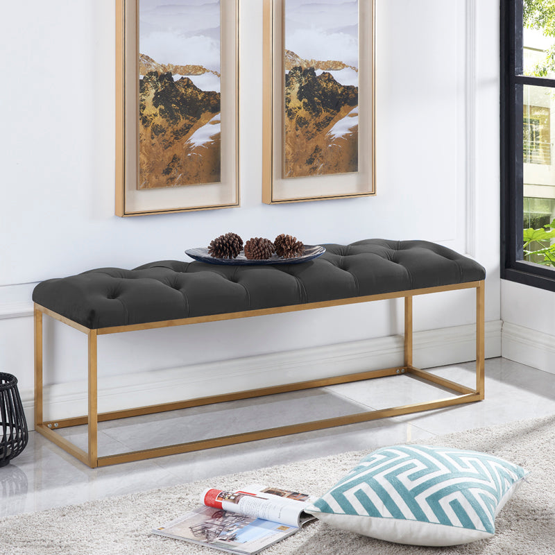 Button Tufted Velvet Bench With Golden Base HI-LINE GIFT LTD.